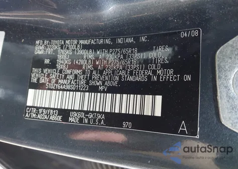 2008 Toyota Sequoia Sr5 5.7L V8 z USA, uszkodzony, nr VIN 5TDZY64A98S011223